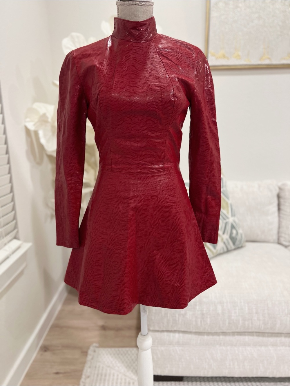 Michael Hoban Red Long-Sleeve High-Neck Woman’s Leather Mini Dress Size 5/6